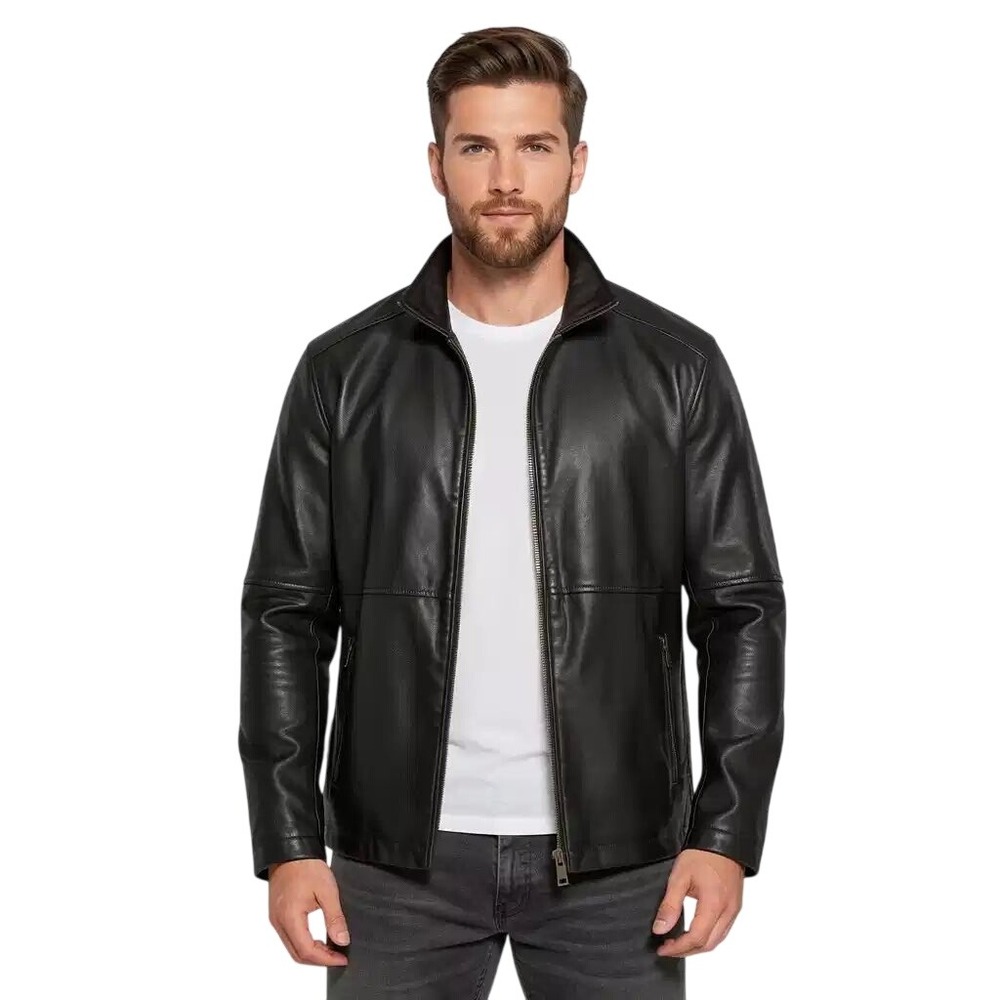 Dockers Mens Black Faux Leather Jacket Quilted Bib Full Zip Stand CollarM NWT